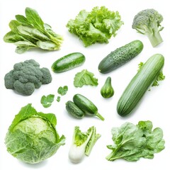 Various green vegetables isolated on white background 