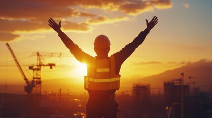 Fototapeta premium Arms raised in triumph, a construction worker stands tall at sunset, with a bustling site in the background.