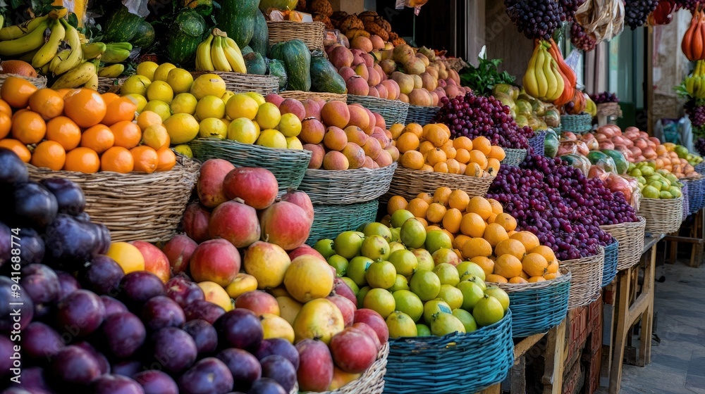 Canvas Prints A vibrant fruit market with a rich assortment of fresh fruits and vegetables, arranged in a rainbow of colors,