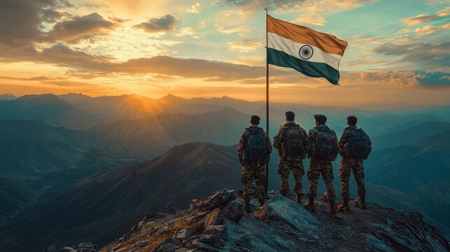 Soldiers standing on a mountain peak with the Indian flag at sunrise