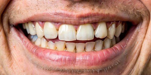 Fototapeta premium A close-up of a worn, neglected smile with noticeable chips and cracks on the front teeth, revealing imperfections and signs of wear and tear.