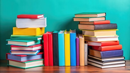 Fototapeta premium Colorful Stack of Hardback Books on Wooden Surface
