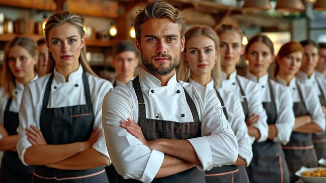 Many waiters and waitresses are arranged in a row.
