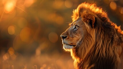 Fototapeta premium Majestic Lion with Flowing Mane Captured in Golden Light of Savannah Landscape
