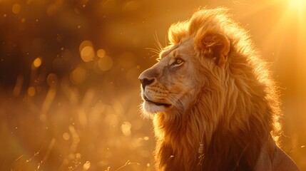 Naklejka premium Majestic Lion Regal Portrait Glowing in Golden Savannah Sunset Light