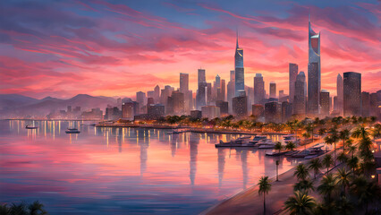 Obraz premium Entardecer na cidade costeira