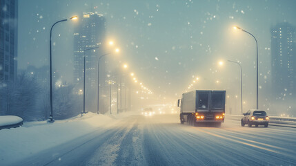 Zimowa scena zaśnieżonej miejskiej ulicy, na której poruszają się ciężarówka i samochód, otoczona latarniami ulicznymi i odległymi budynkami w zamglonym, nieco tajemniczym świetle.