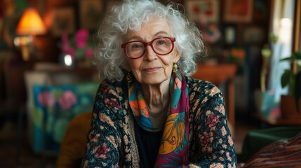 Fototapeta premium Starsza pani z kręconymi, białymi włosami i okularami, w swetrze z wzorem i kolorowym szaliku, siedzi w przytulnym pokoju o ciepłym świetle.