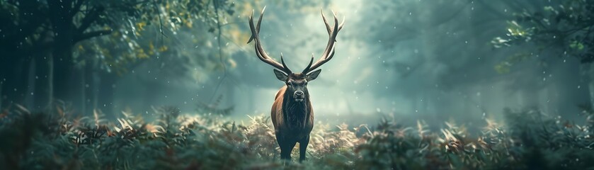 Majestic Stag Emerging from the Misty Forest Powerful Presence Wildlife Portraits Concept