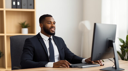 Confident professional in a business suit engaged at a computer desk, modern office setting with shelves of files and a touch of greenery in the background.