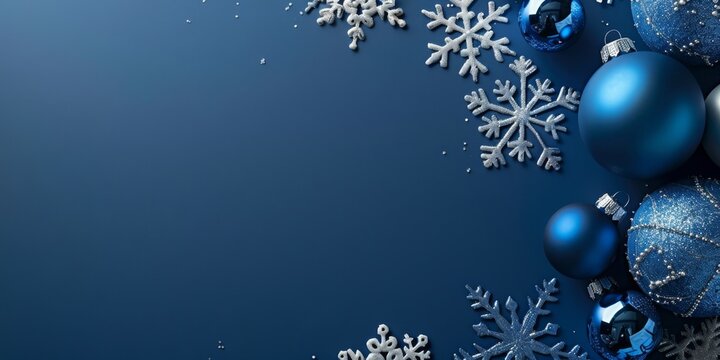 A stylish Christmas background featuring blue and silver baubles and snowflakes on a deep blue backdrop. Perfect for festive, holiday, or winter-themed projects, evoking elegance and seasonal charm.
