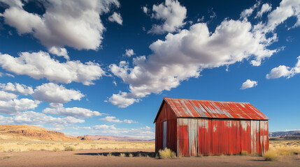 Stary, rdzawy, czerwony metalowy schowek wznoszący się samotnie na szerokim, suchym krajobrazie, pod dramatycznym niebem z rozproszonymi, puszystymi chmurami. © Sawyer0