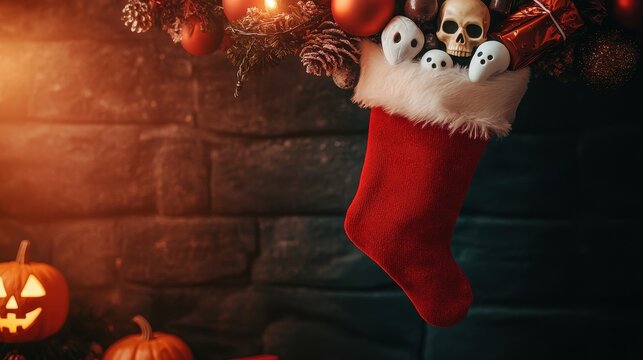 Red Christmas stocking filled with skulls and ghost candies hanging beside Halloween decorations representing a spooky holiday mashup