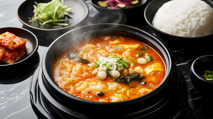 Modern Restaurant Setting A sleek, contemporary Korean restaurant with a steaming bowl of Kimchi Jjigae served on a black marble table. The dish is accompanied by side dishes like kimchi, pickled