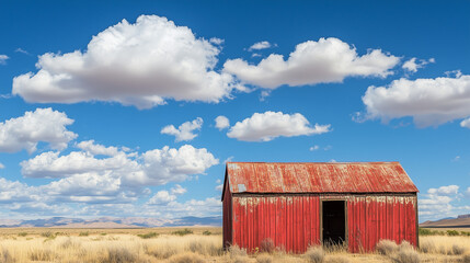 Stary, rdzawy, czerwony metalowy schowek wznoszący się samotnie na szerokim, suchym krajobrazie, pod dramatycznym niebem z rozproszonymi, puszystymi chmurami. © Sawyer0