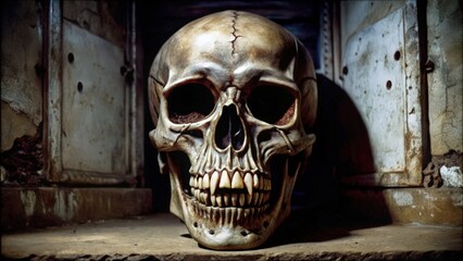 A Human Skull with Exposed Teeth in a Dark Setting