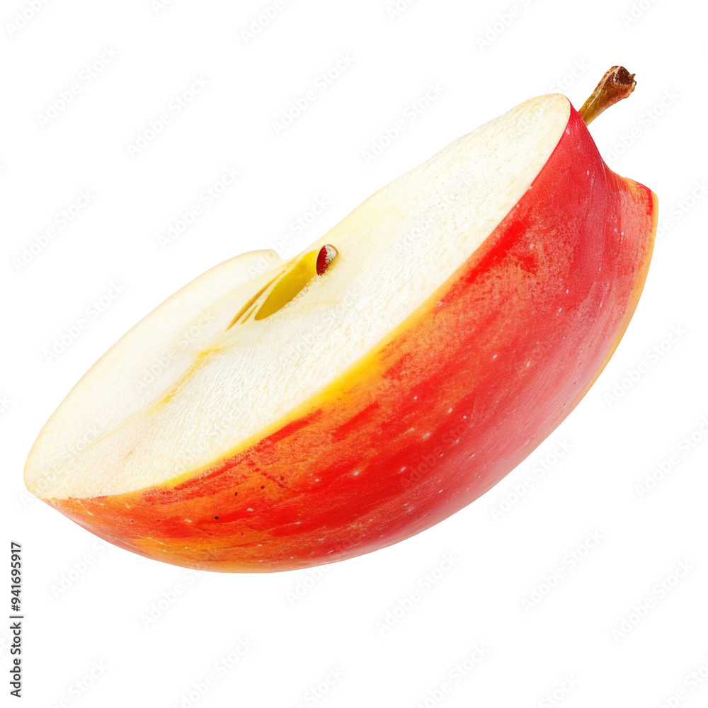 Poster close up natural fresh apple slices falling in air isolated on white or transparent background