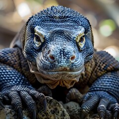 Obraz premium Fierce Komodo Dragon with Detailed Scales and Sharp Claws on Rocky Terrain in Wildlife Habitat
