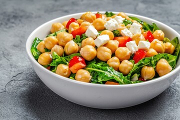 Fresh chickpea salad with spinach, tomatoes, and feta cheese, perfect for a healthy meal or side dish.