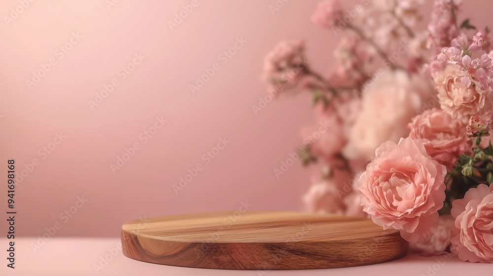 Poster Wooden product display stand with pink flowers.