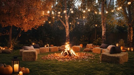 Welcoming autumn gathering around a backyard bonfire with hay bales for seating, firelight illuminating pumpkins, fallen leaves, and lanterns, evoking warmth and festivity