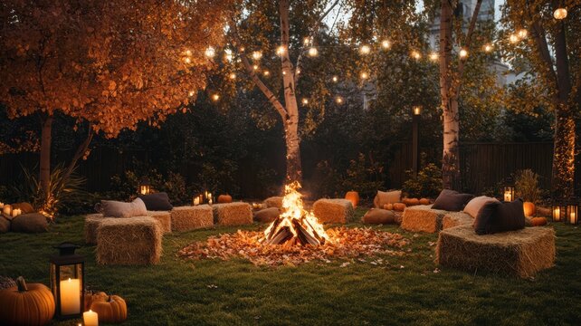 Welcoming autumn gathering around a backyard bonfire with hay bales for seating, firelight illuminating pumpkins, fallen leaves, and lanterns, evoking warmth and festivity