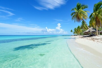 A stunning tropical beach scene featuring clear turquoise water and soft white sand. Palm trees gently sway in the breeze, with a thatched beach hut visible in the distance, creating a serene