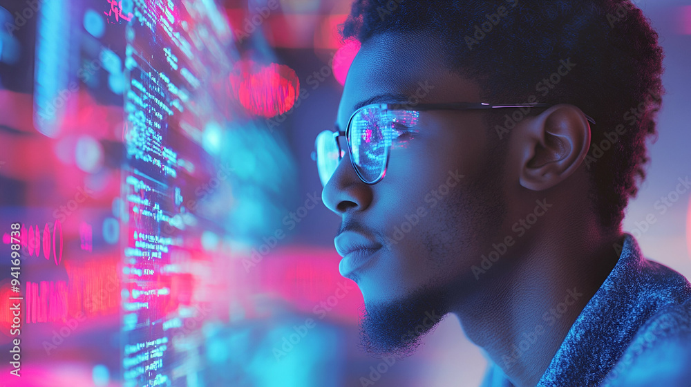 Wall mural inclusive image of a of a black it school student studying at computer learning digital code online 