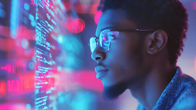 Inclusive image of a of a black IT school student studying at computer learning digital code online software ai cyber security threats. Generative AI  - Powered by Adobe