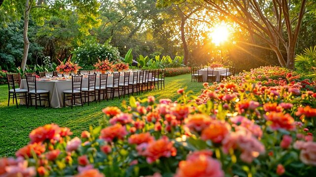 Wedding outdoor seating arrangement in a garden with floral arrangements