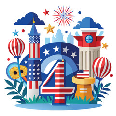 Obraz premium Independence day 4th of july | Independence Day poster, banner, foil balloon flyer, paper fan, and confetti for July 4. American flag colors. Minimalism flat lay design. 