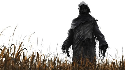 Fototapeta premium Twisted and Malevolent Scarecrow Standing Tall in Dim Misty Cornfield Gothic and Ominous Mood