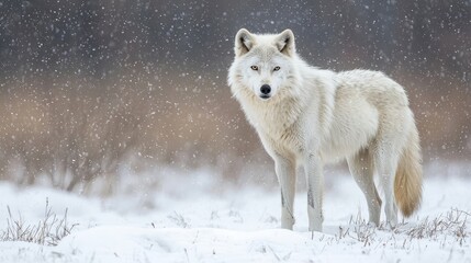 Obraz premium White wolf standing in a snowy landscape with falling snow