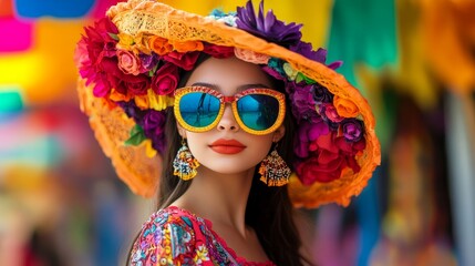 A vibrant portrait of a beautiful Latina woman wearing a traditional Mexican sombrero adorned with colorful flowers. Her bright red lips and stylish sunglasses add a touch of modern flair. The image c