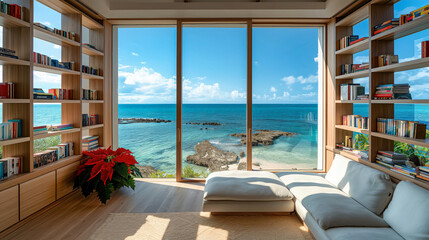 Fototapeta premium Christmas bookshelf background of interior home library study virtual room window of tropical ocean beach. Aqua blue water. Poinsettia holiday flowers. Online presentation teams meeting backdrop