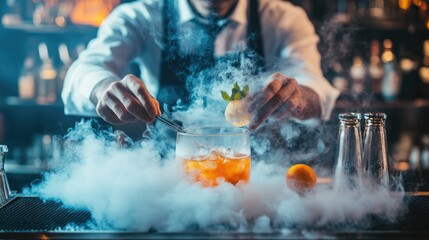 Expert mixologist at an artisanal bar, creating vibrant, smoke-infused cocktails with exotic ingredients. The use of molecular gastronomy techniques adds intrigue.