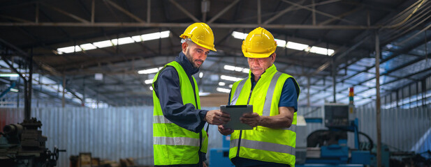 Fototapeta premium Two men in safety gear are looking at a tablet