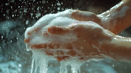 Fototapeta premium Hands under a stream of water, covered in liquid soap foam, being washed with care.
