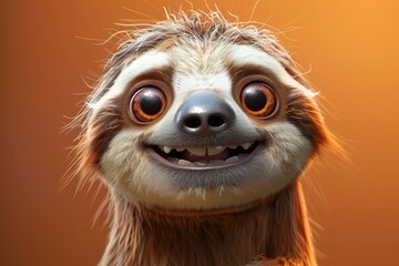 Adorable Smiling Sloth with Bright Eyes and Messy Fur on Orange Background