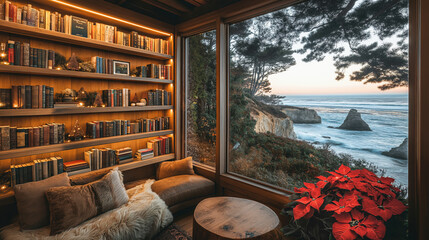 Christmas bookshelf background of interior home library study virtual room window of tropical ocean beach. Aqua blue water. Poinsettia holiday flowers. Online presentation teams meeting backdrop