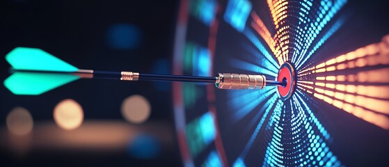 Darts hitting the bullseye on a digital stock trading board, glowing neon arrows representing successful trades, futuristic style, blue and green holographic effects