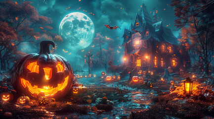 Spooky Halloween scene with pumpkins and a foggy night house