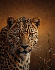 Obraz premium Illustration of a leopard looking at the camera with orange background. Safari, Wildlife, Nature, Africa