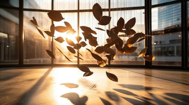 Beautiful autumn leaves floating in sunlight, creating a serene and peaceful atmosphere in a modern indoor space. - Powered by Adobe