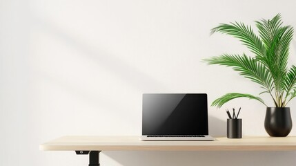 Fototapeta premium A modern workspace featuring a sleek laptop, a plant, and stylish stationery on a minimalistic wooden desk.
