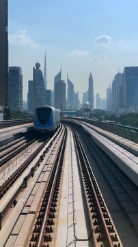 POV shot riding on the modern Dubai Metro along the Sheikh Zayed Road on a sunny day in Dubai, United Arab Emirates (UAE).