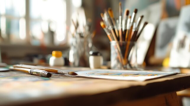 A vibrant art studio scene showcasing brushes and paints on a wooden table, ready for creative exploration.