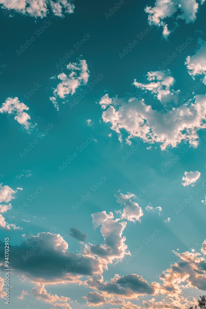 Wall mural a plane soars through a bright blue sky with fluffy white clouds