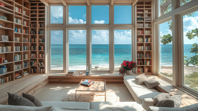 Christmas bookshelf background of interior home library study virtual room window view of tropical ocean beach. Aqua blue water. Poinsettia holiday flowers. Online presentation teams meeting backdrop