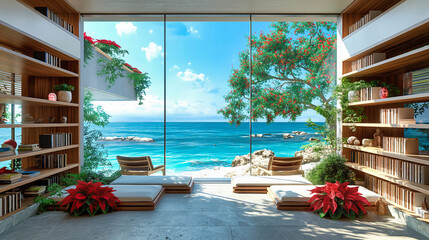 Christmas bookshelf background interior home library study virtual room window of tropical ocean beach. Aqua blue water. Poinsettia holiday flowers. Online webinar presentation teams meeting backdrop